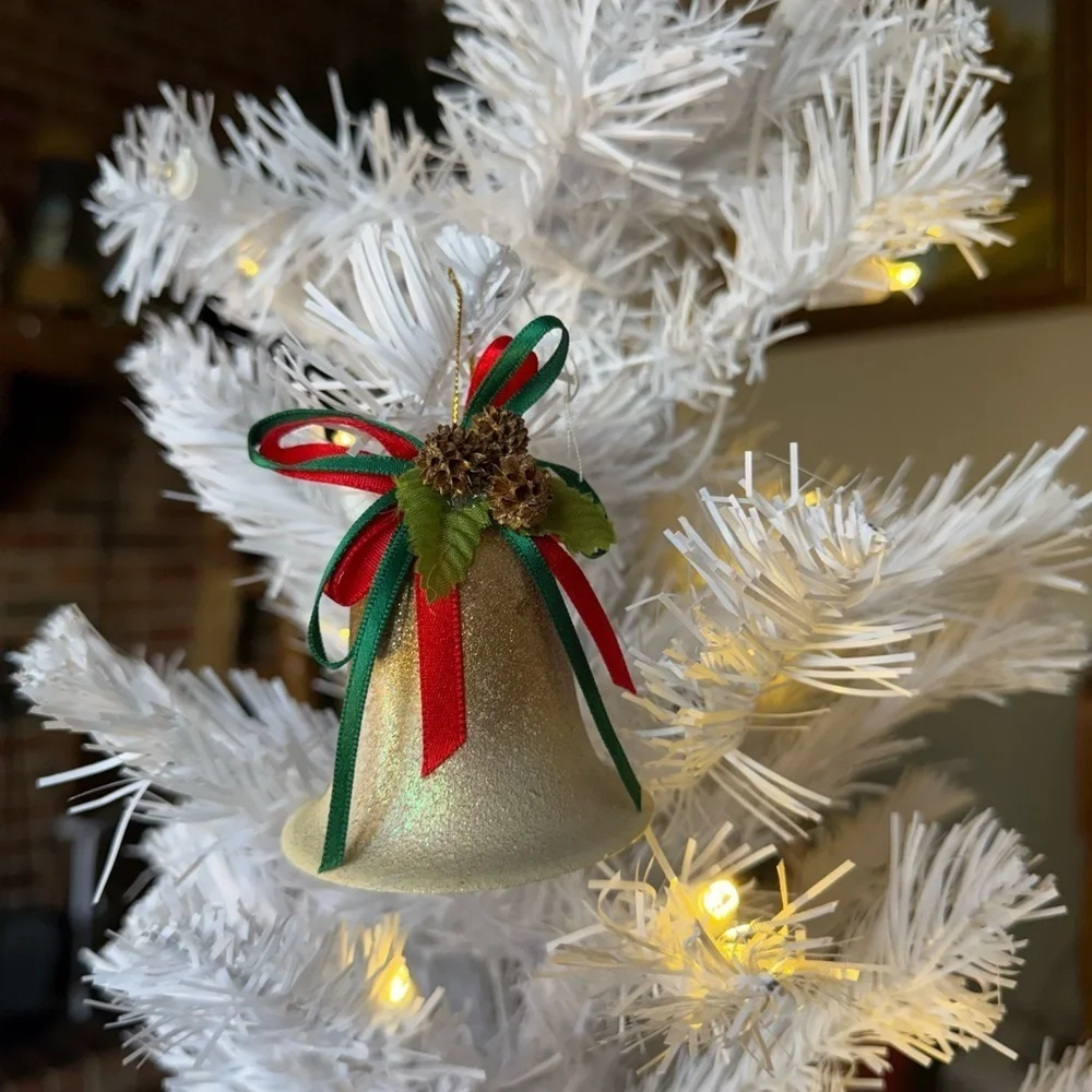 Vintage 1975 Festive Gold Bell Ornament with Red and Green Accents